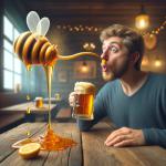 DALL·E 2023-12-24 13.23.42 - A whimsical and surreal scene showing a person drinking beer, with honey flowing out of their nose. The individual is sitting at a rustic wooden table.png